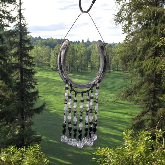 Handcrafted Beaded Horseshoe Suncatcher - Black & White Glass Beads with Crystals