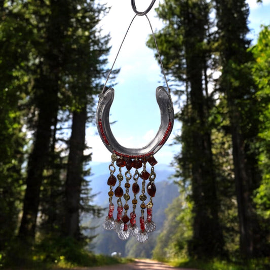 Handcrafted Beaded Horseshoe Suncatcher - Amber & Red Glass Beads & Crystals