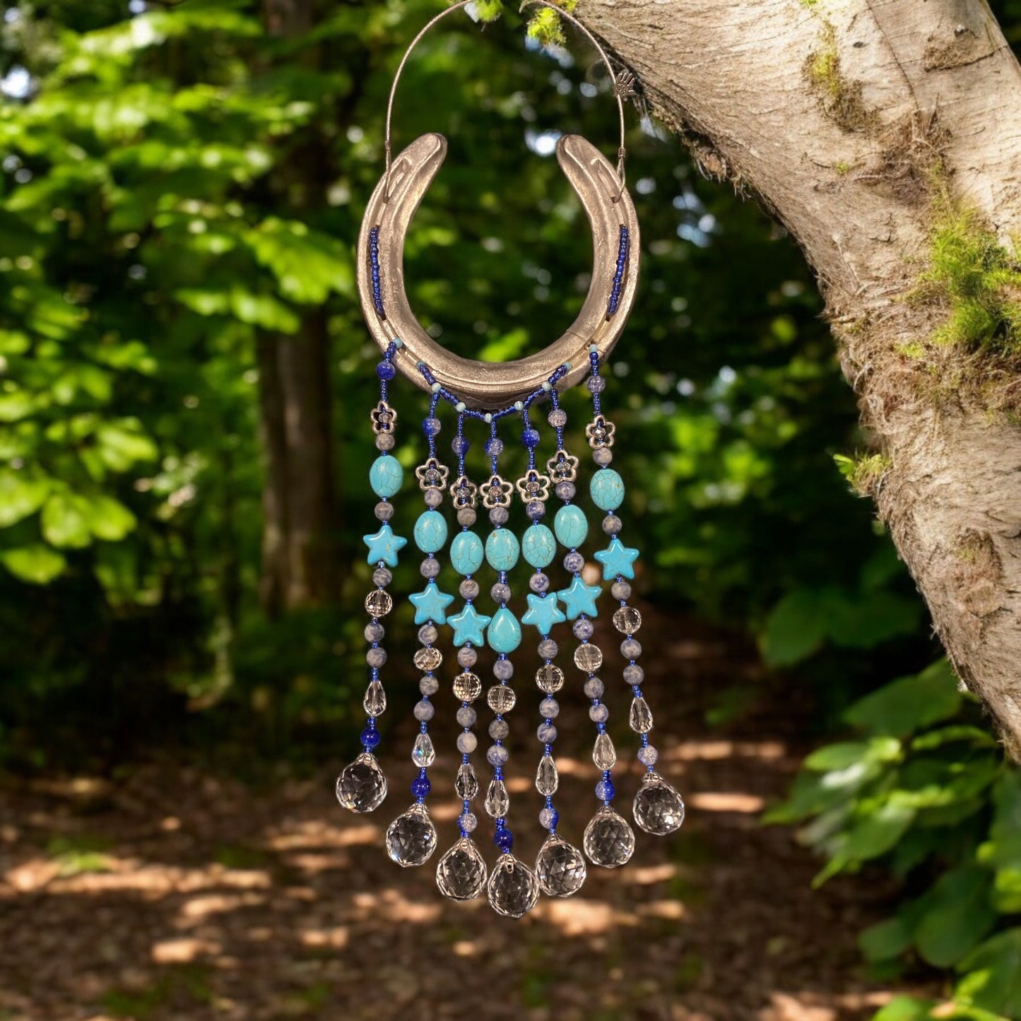 Handcrafted Beaded Horseshoe Suncatcher - Turquoise, Blue Ceramic, Glass Beads & Crystals