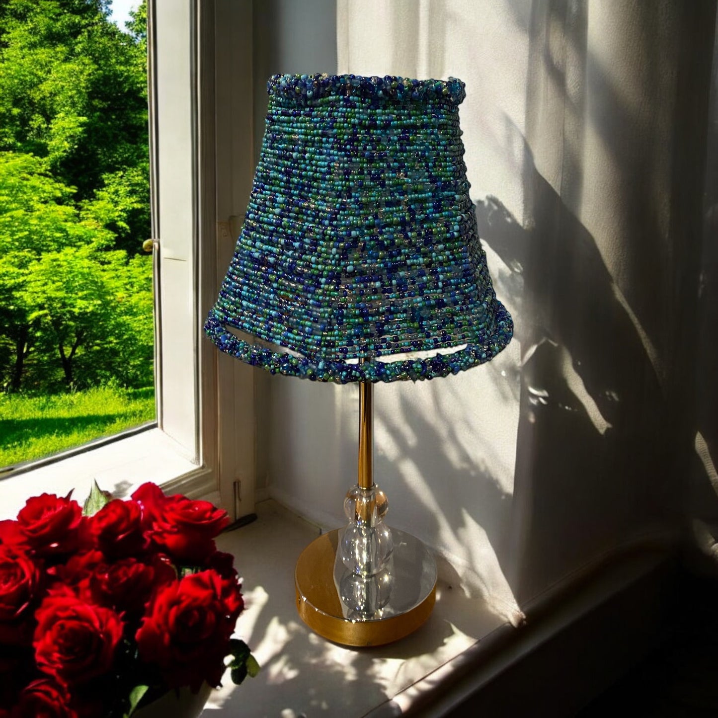 Handcrafted Beaded Lampshade -Green & Blue Beads