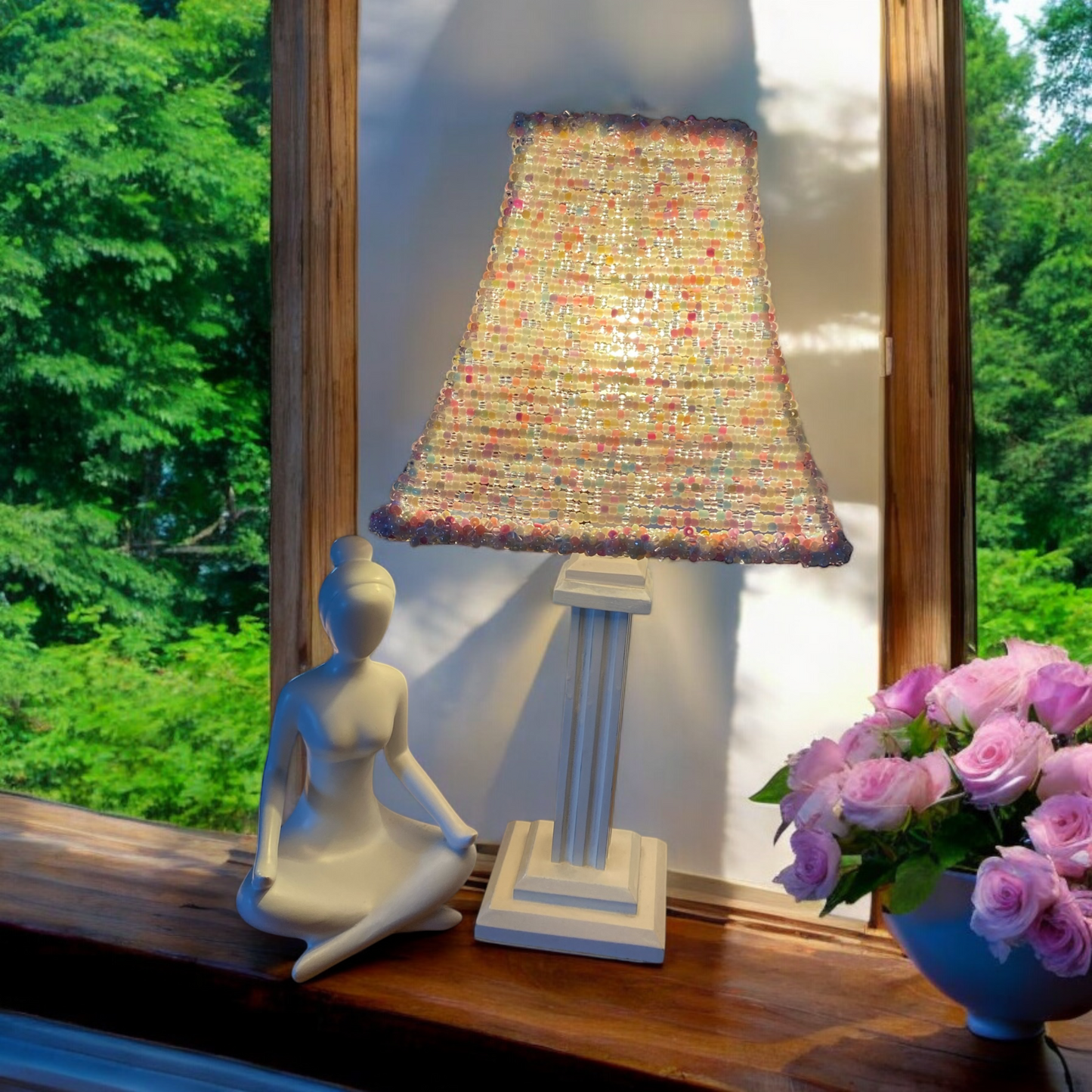 Handcrafted Beaded Lampshade - Various Shades of Pink & White Glass Seed Beads