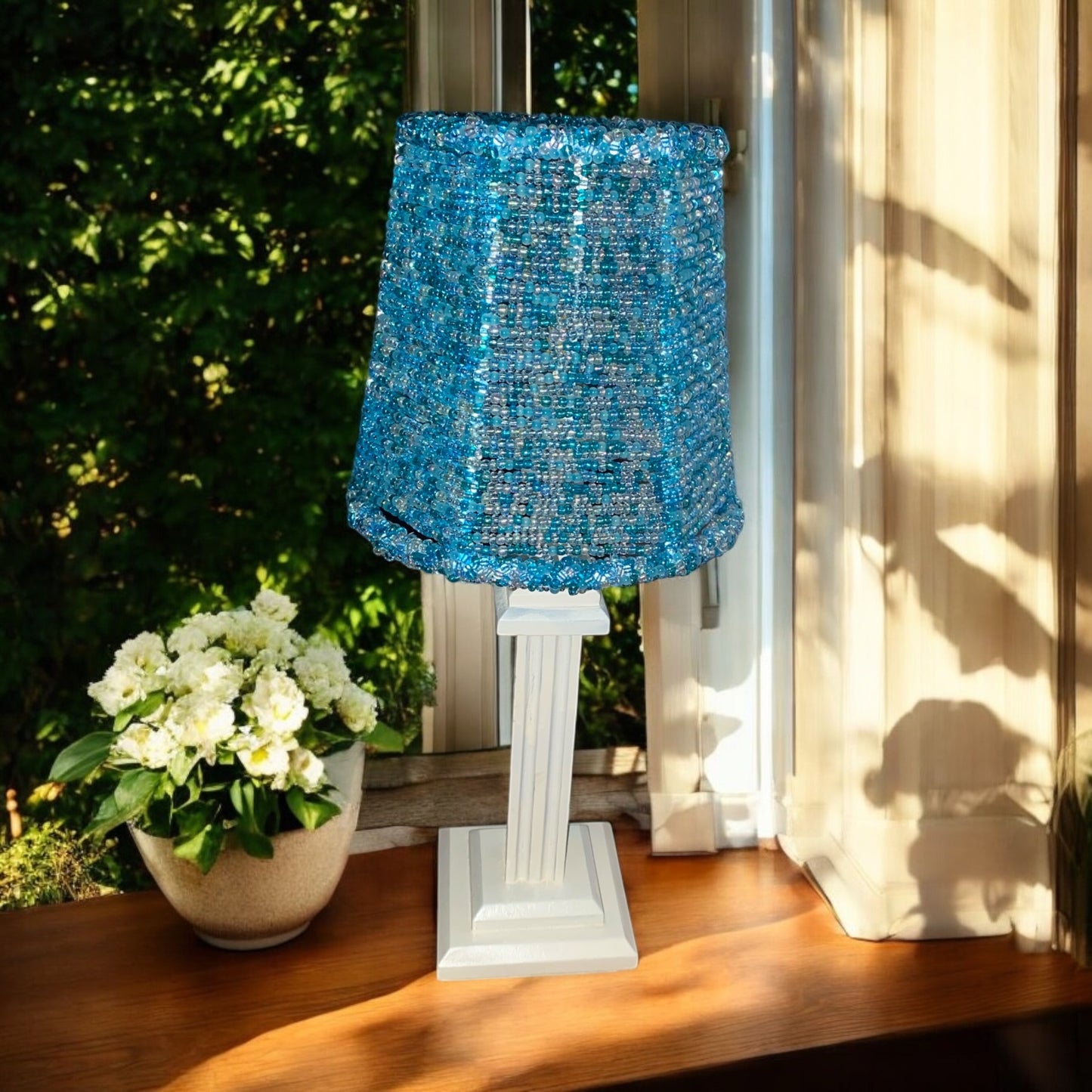 Handcrafted Beaded Lampshade - Sky Blue Glass Beads