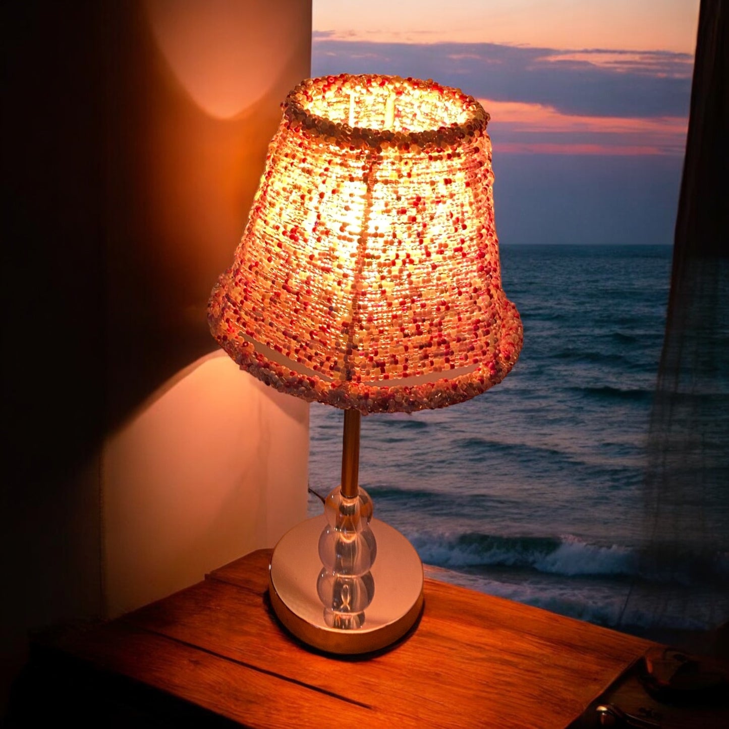 Handcrafted Beaded Lampshade - Pink & White