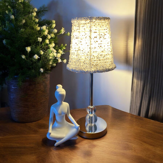 Handcrafted Beaded Lampshade - White & Silver Beads -  Small