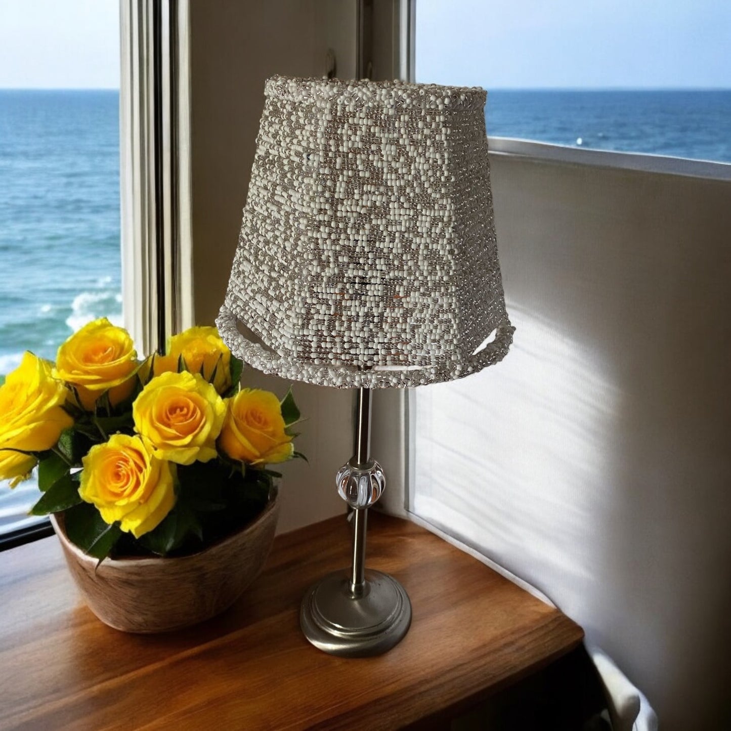 Handcrafted Beaded Lampshade - White Seed Beads & Clear Crystal Beads