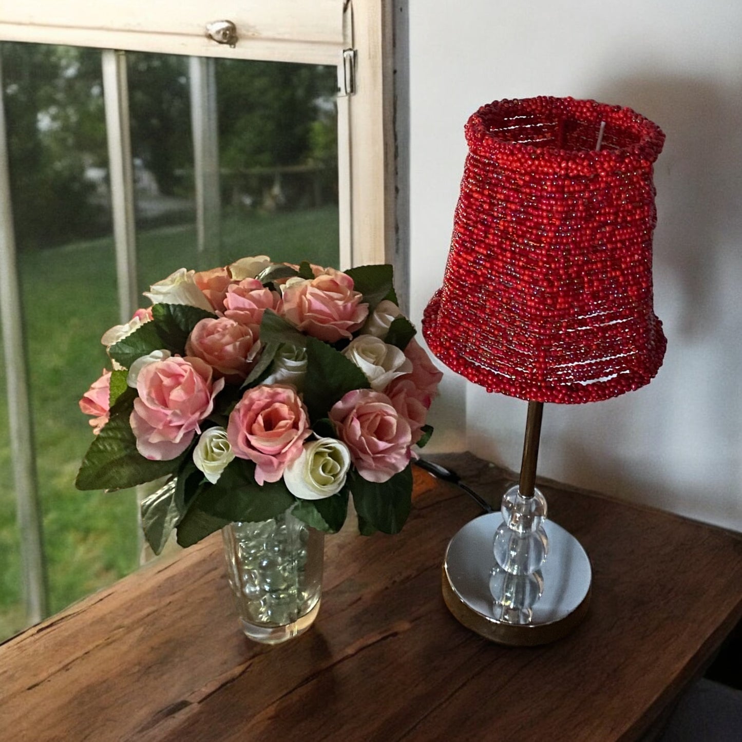 Handcrafted Beaded Lampshade - Red Beads