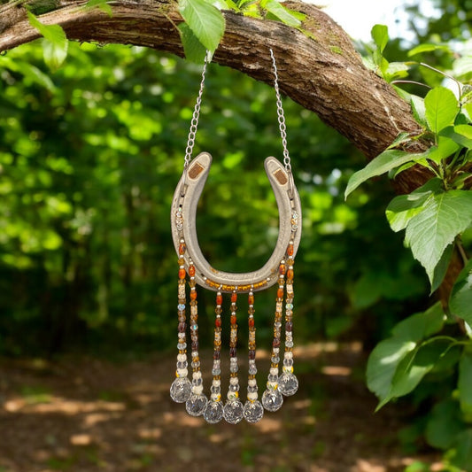 Handcrafted Beaded Horseshoe Suncatcher - Amber Glass, Ceramic Beads and Crystal Beads